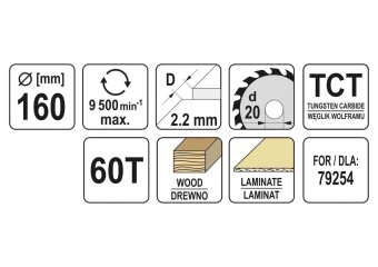 YATO Диск пиляльний победітовий по дереву YATO: 160x20x2.2x1.5 мм, 60 зубців, R.P.M до 9500 1/хв  | 
