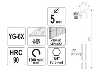 Свердло по склу і кераміці STHOR : YG6X, HEX-1/4", Ø= 5 x 70 мм [125]