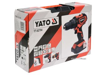YATO Шуруповерт-дриль безщітков. акумул. Li-Ion YATO: U= 18В, крутн.мом.- 42 Нм, 2АГод, патрон Ø≤13м