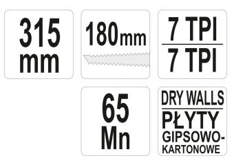 YATO Ножiвка по гіпсокартону YATO : l= 315 мм, полотно l= 180 мм, t= 1,5 мм, 7 зуб./1"  | YT-31343