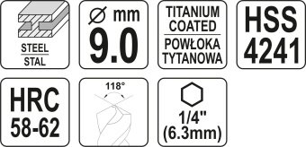 YATO Свердло фрезерувальне по металу YATO : HSS-TIN, Ø= 9 мм, l= 102 мм, HEX - 1/4"  | YT-44827