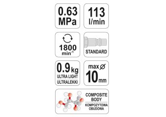 YATO Дриль пневматичний YATO з цангою для свердл Ø≤1мм; роб. тиск- 6,3Bar з подачою повітря-113 л/хв