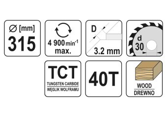 YATO Диск пиляльний победітовий по дереву YATO: 315x30x3.2x2.2 мм, 40 зубців, R.P.M до 4900 1/хв  |