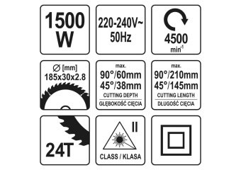 YATO Пила торцьовальна з протяжкою і лазером YATO: P= 1.5кВт, Ø=185/30мм, 4500 об/хв. різ 0°/45°-60/