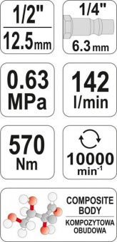 YATO Гайковерт ударний пневматичний YATO : квадрат 1/2", F=570 Nm  | YT-09505