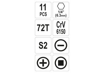 YATO Набір насадок викруткових з тріщаткою YATO : 1/4", PH, SL, SQ, L= 25 мм, 11 шт  | YT-14390