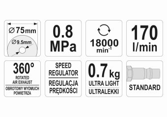 YATO Різак пневматичний, ручний YATO для диска Ø= 75/9.5 мм, Ø= 1/4", 8 Bar, 170 л/хв  | YT-09717