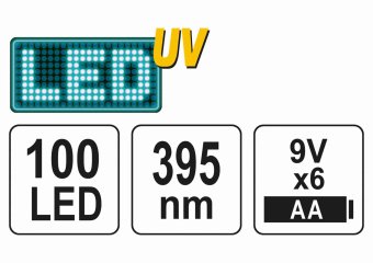 YATO Ліхтар ультрафіолетовий з окулярами, для перевірки банкнот YATO : 100LED, 6 x AA, 395 нм  | YT-