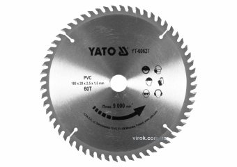 YATO Диск пиляльний по ПВХ YATO: Ø=185х2.5x20 мм, 60 зубців, R.P.M до 9000 1/хв  | YT-60627