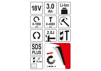 YATO Перфоратор акумуляторний SDS+ YAT : Li-Ion 18В, 3Агод, J=2 Дж, Ø≤18мм (бетон) з заряд. пристроє