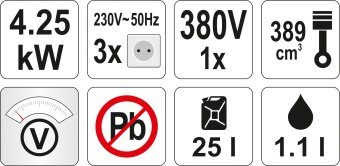 YATO Генератор струму бензиновий YATO: W= 4.25/5.5 кВт, U= 230/380В, 1-3фази, бак- 25л (1.1л олива) 