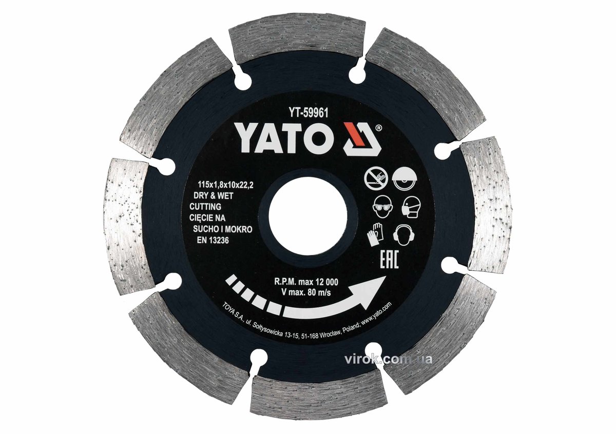YATO Диск відрізний алмазний по каменю і бетону YATO Ø=115x1.8x10x22.2 мм, в мокрому і сухому режимі
