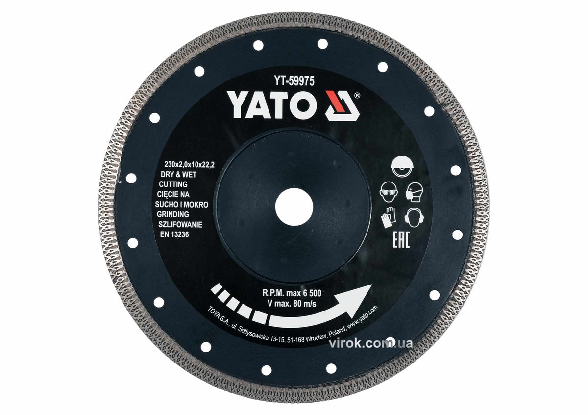 YATO Диск відрізний алмазний по гресу, склу, кераміці YATO Ø=230x2x10x22.2 мм, в мокрому і сухому ре