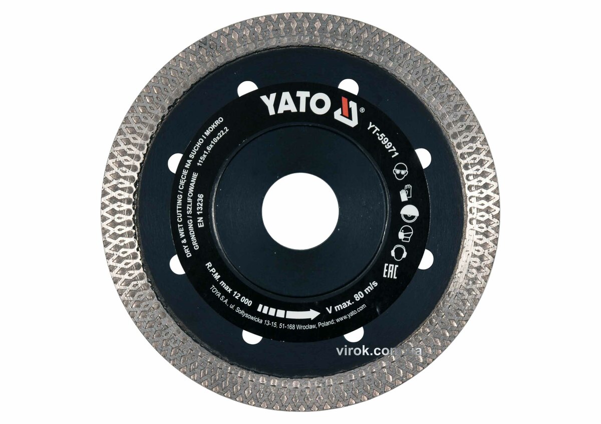 YATO Диск відрізний алмазний по гресу, склу, кераміці YATO Ø=115x1.6x10x22.2 мм,в мокрому і сухому р